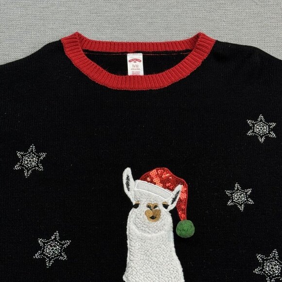 Holiday Time Womens Black Llama Christmas Sweater Hat Tassel Embellished Size XL - Picture 5 of 15